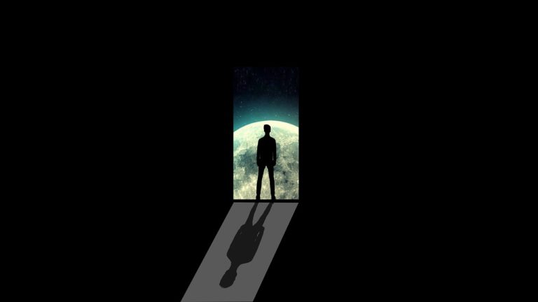 illustration of black foreground with silhouette of a person standing in open door with surface of the moon behind