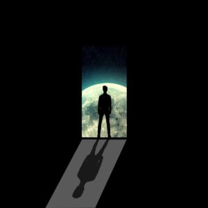 illustration of black foreground with silhouette of a person standing in open door with surface of the moon behind